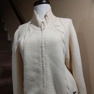 Women's Fisherman's White Wool Zip Up Sweater, L